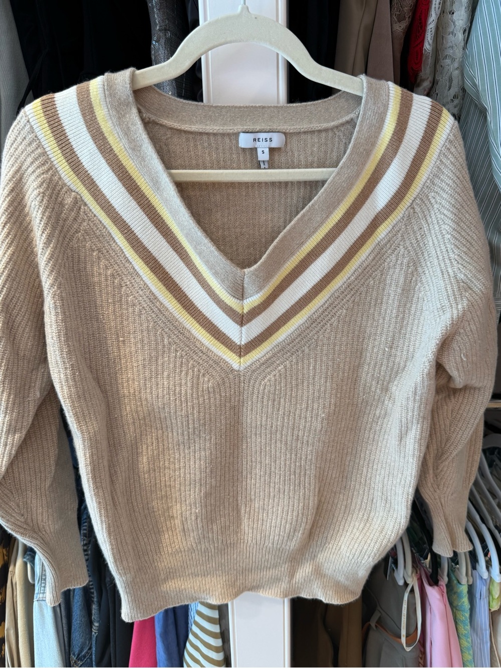 Reiss Beige V-Neck Sweater with Stripe Trim